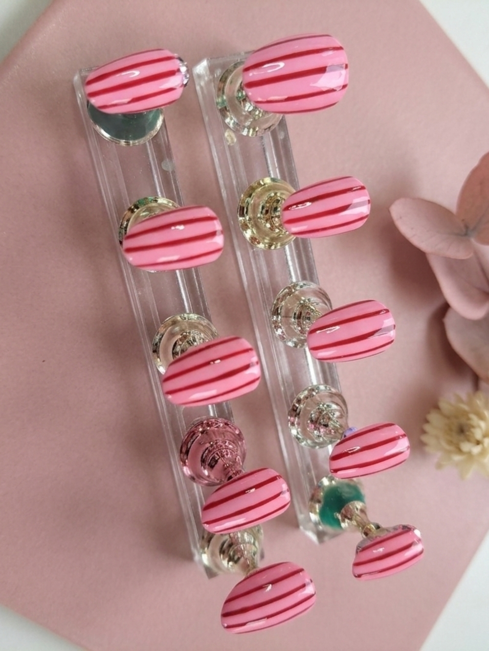 Hand Painted Reusable Press On Nails Pink & Burgundy Stripe Extra Short Round